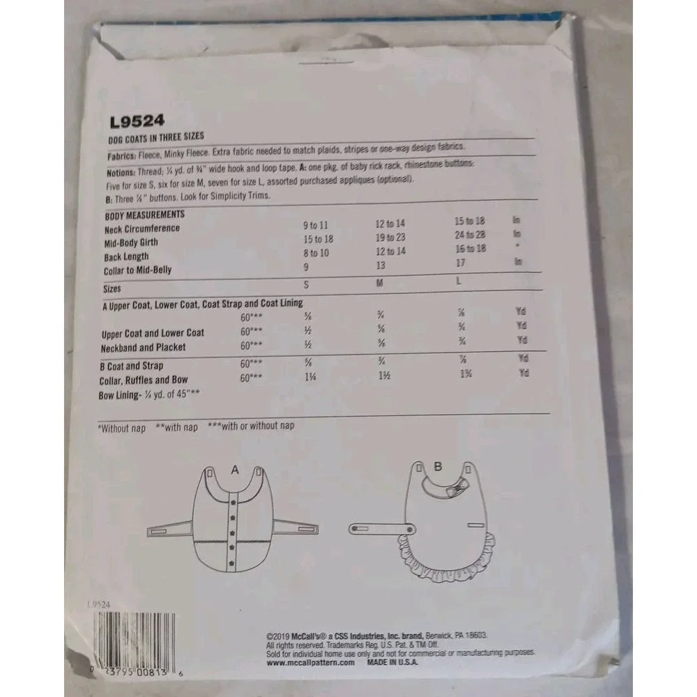 McCall's Dog Coats Pattern Sizes Small Medium Large Sew‎ Simple 2 Styles Uncut